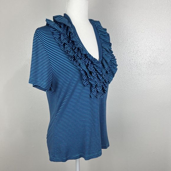 Soft Surroundings Blouse Women Medium Blue Striped Ruffle Collar Short Sleeve - Picture 3 of 13